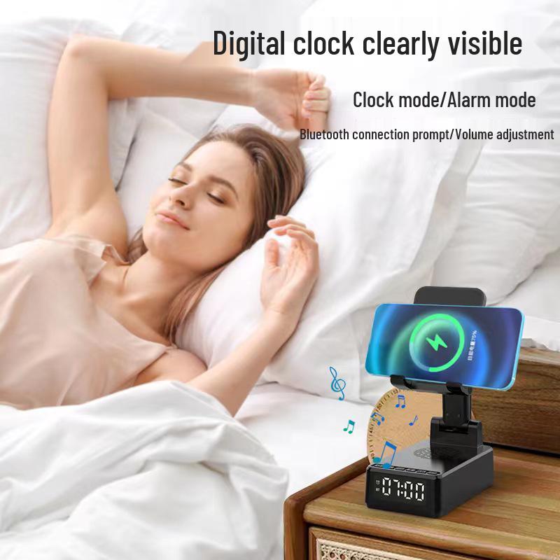 Portable Multifunctional Bluetooth Speaker with Alarm Clock, Wireless Charger & Phone Holder