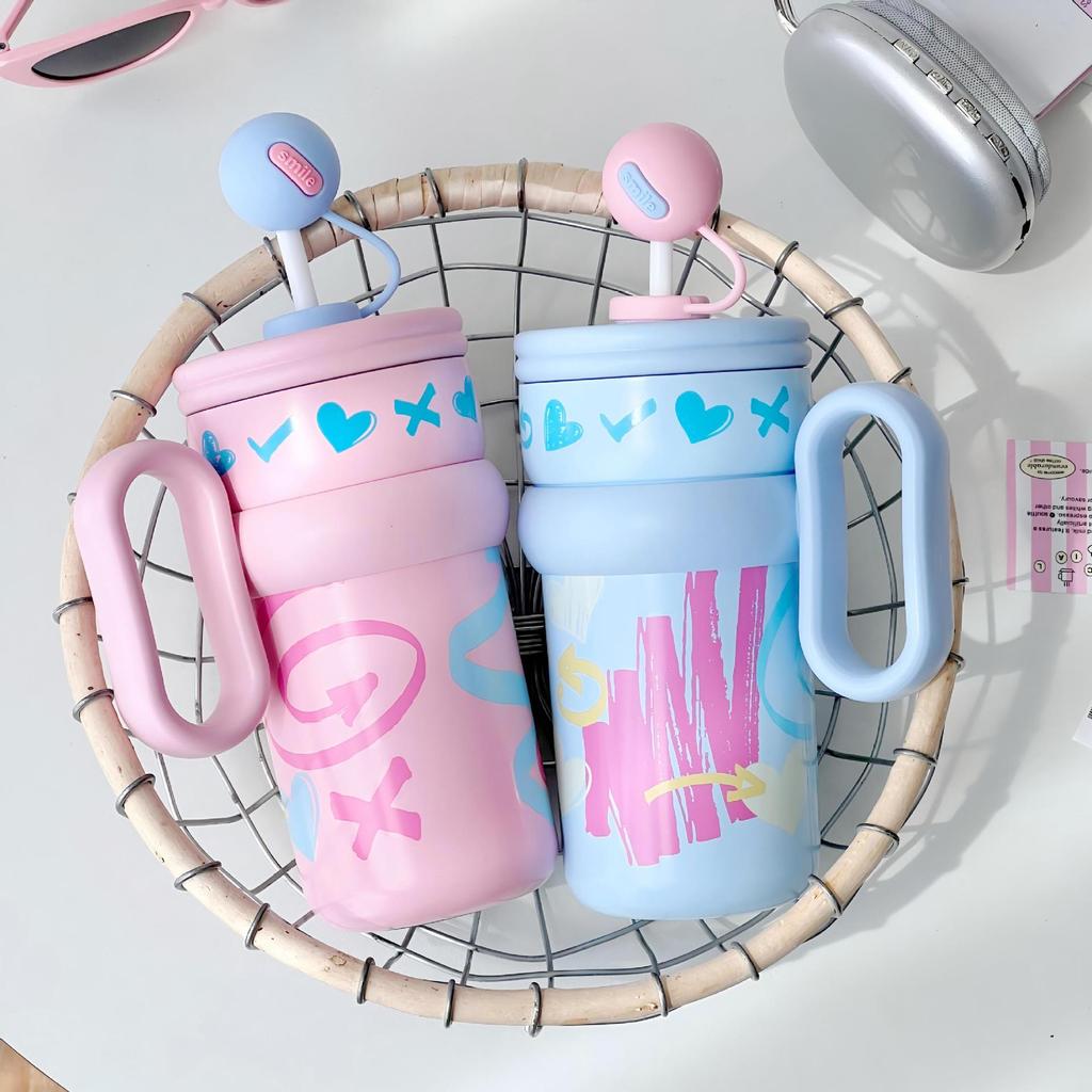 Cartoon Style Insulation Cup For Girls With Large Capacity And Builtin Straw For Home Use