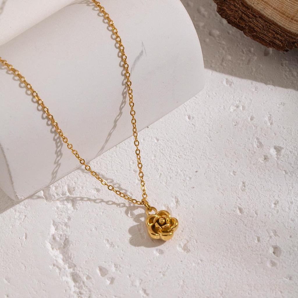Xia Ling Minimalist Rose Pendant Necklace, Stainless Steel with Long-Lasting Titanium Finish.