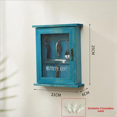 Home Wooden Wall-Mounted Key Storage Box Home Retro Storage Box Dustproof with Door Internet Red Key Storage Hook(Blue)