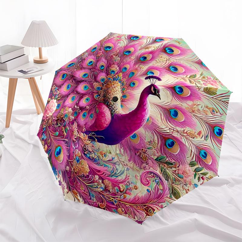 

1pc Pink Peacock with Open Tail Fully Automatic Folding Portable Umbrella, 8 Iron Frames, Three-Fold Design, Suitable for All Seasons, Suitable f