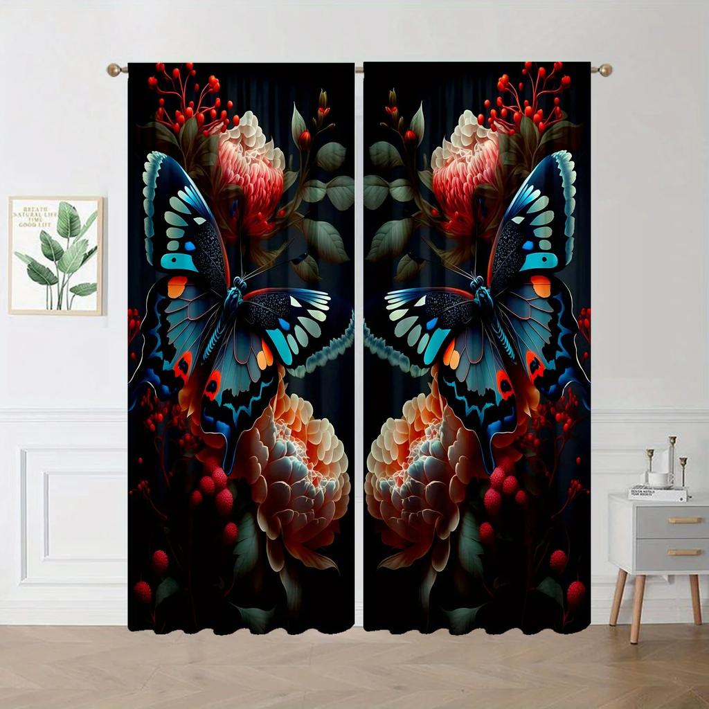 Fjärilar och Blommor Tryckta Gardiner Studierum Kök Vardagsrum Sovsal Stångficka Topp Fönsterdraperier Sovrumsinredning Ny