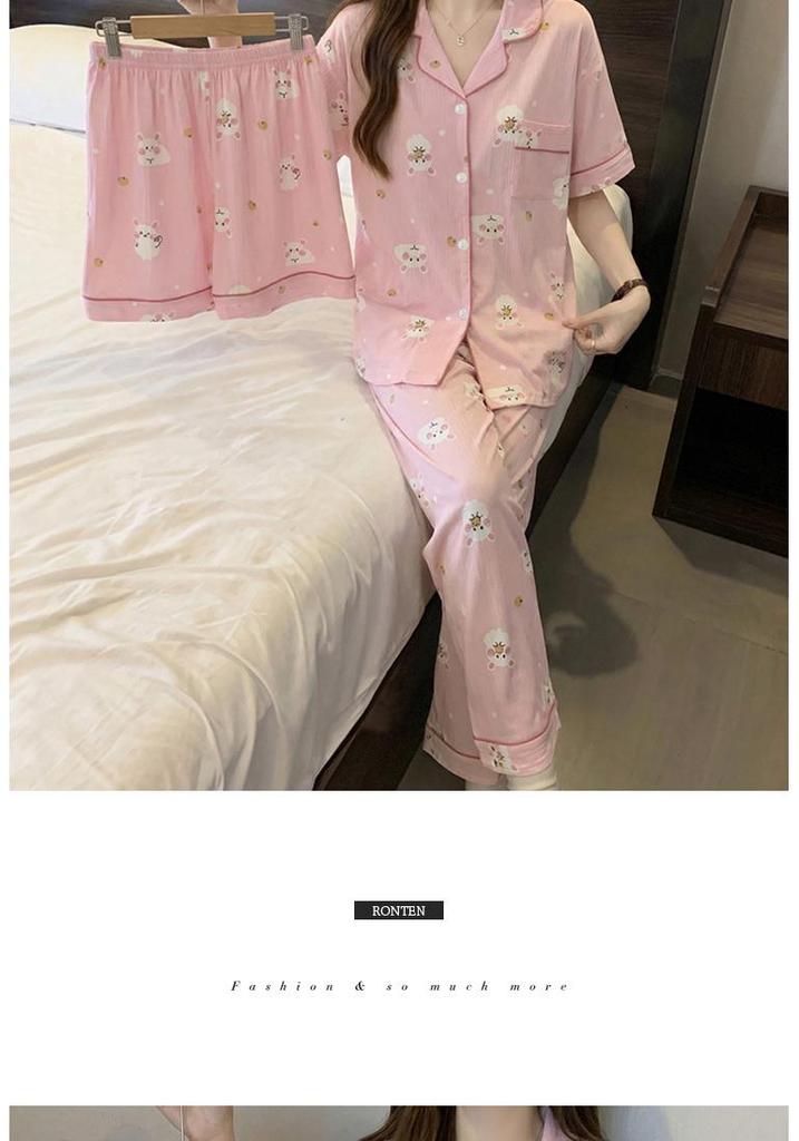 Cute Cartoon Rabbit Summer Pajama Set: Soft, Wrinkled Fabric, Short-Sleeved, Three-Piece Home Wear