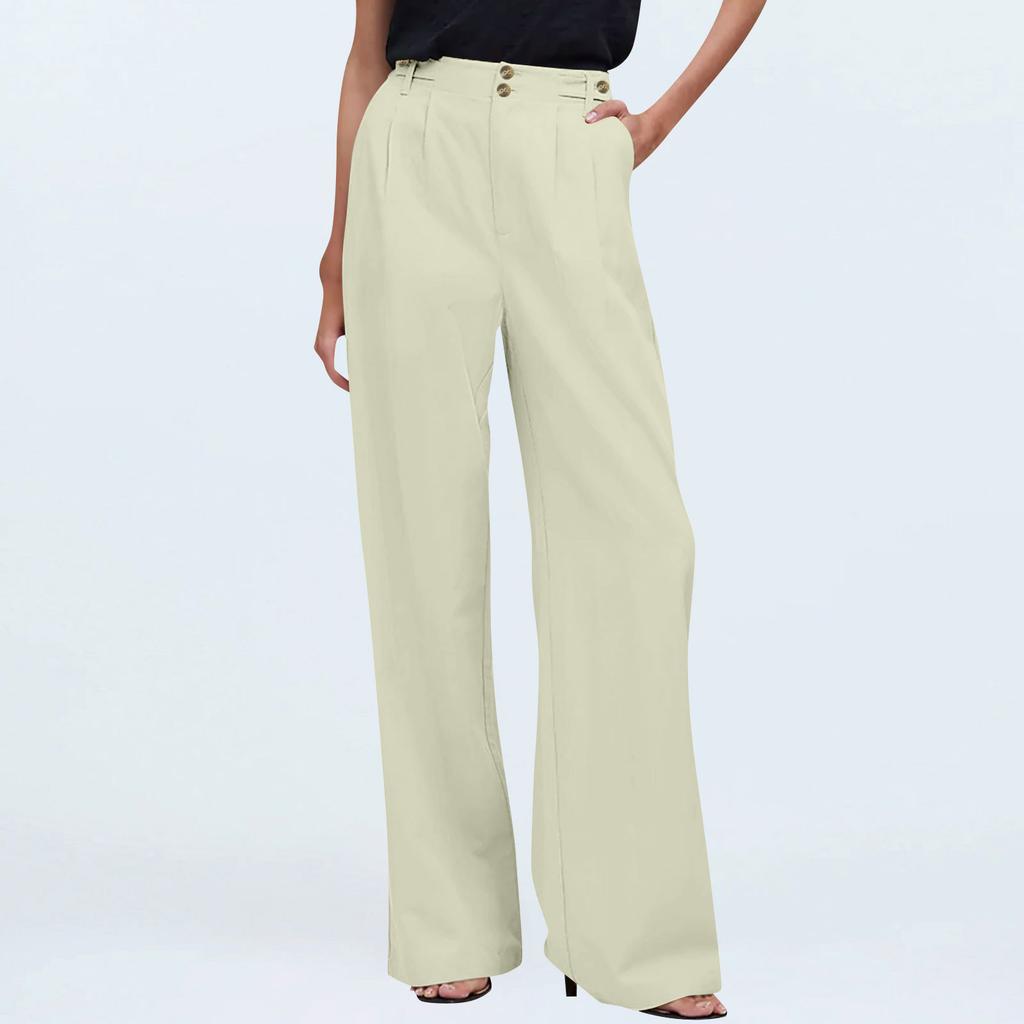 Women's Casual Color Wide Leg High Waist Casual Pleated Pants With Pockets