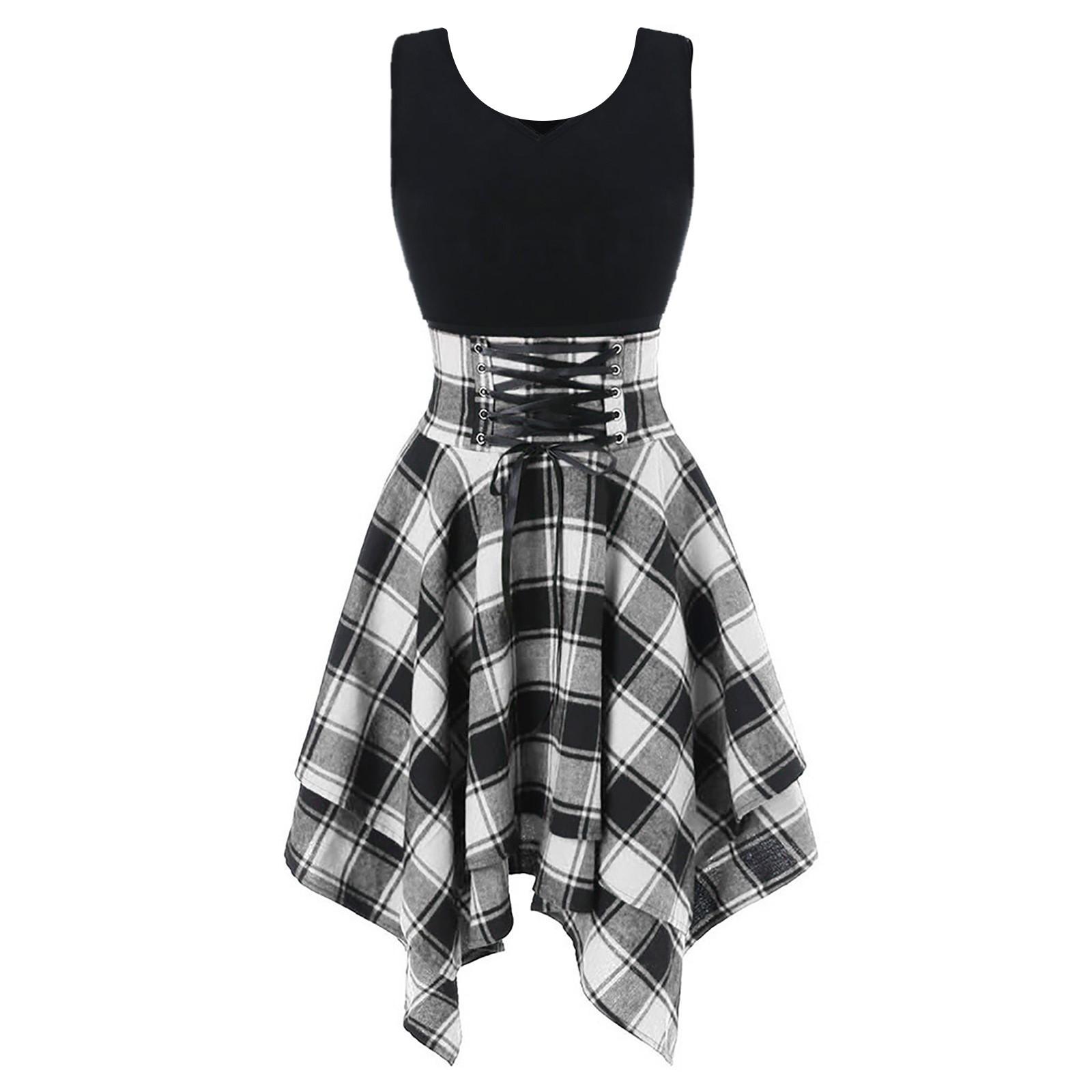 

Fashion Women Sleeveless Cold Shoulder Cross Up Plaid Print Irregular Dress XXL