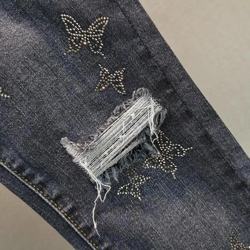 Spring Women's Fashion High Waist Slim Fit Butterfly Rhinestone Decorated Jeans