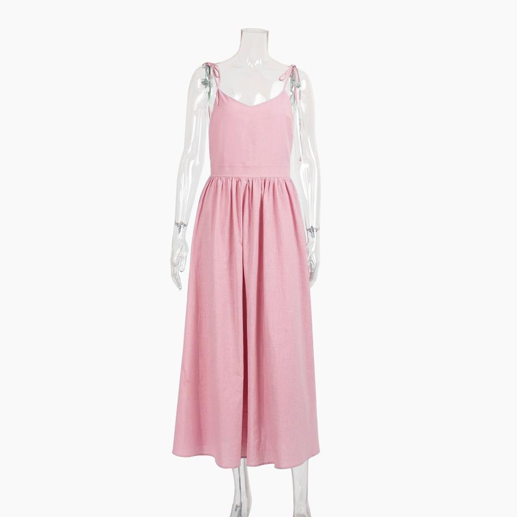 Spring New 100% Cotton V-neck Cami Dress, Women's Elegant Sexy Tie-back Open Back Dress, Cross-border European American Style