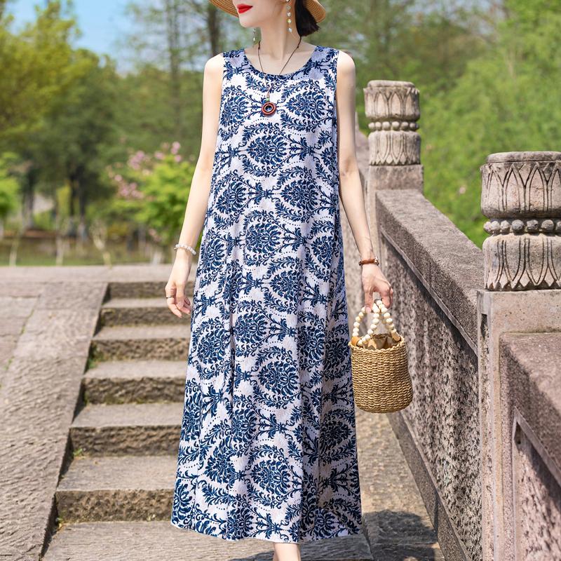 Elegant Sleeveless Dress Summer Fashion Casual Loose Vintage Print Long Dresses for Women Summer Clothes