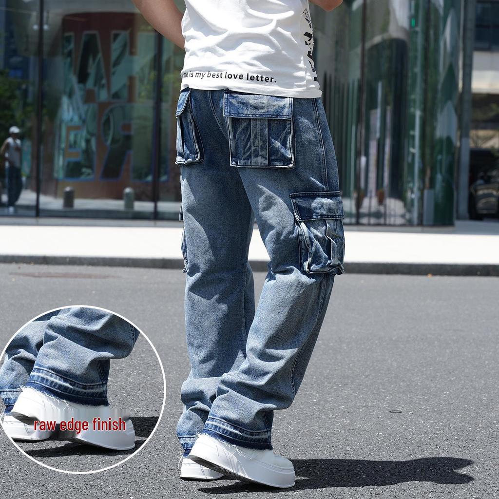 Men's American-Style Multi-Pocket Wide-Leg Loose Workwear Jeans, Large Size