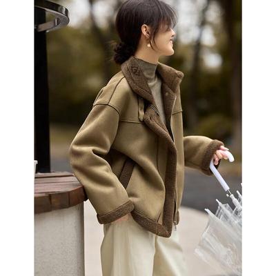 XWI Damen Kurzmantel in Colorblock-Optik aus Wildleder-Imitat und Kunstpelz