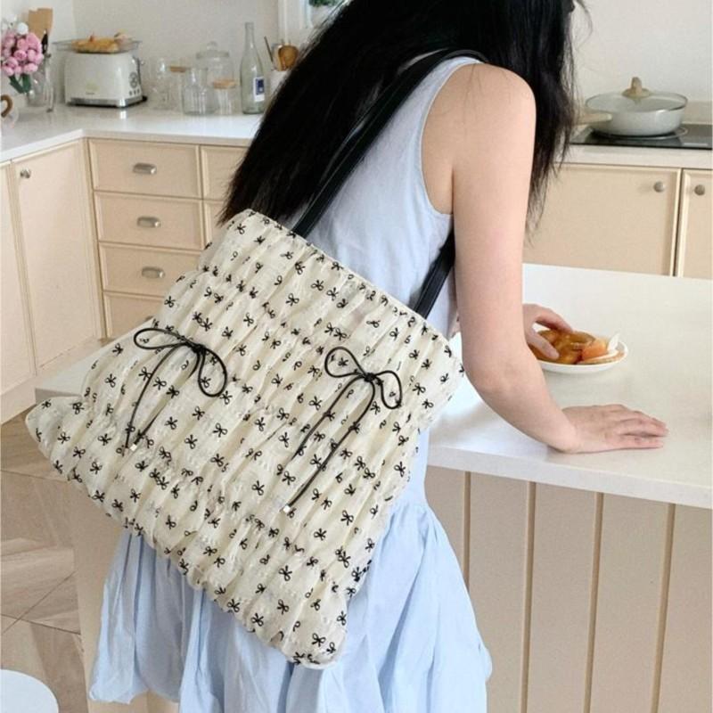 JIAERDI Beige Sweet Cute Bow Tote Bag Women Print Wrinkle Large Capacity Shoulder Bag Ladies Harajuku Y2k Aesthetic Underarm Bag