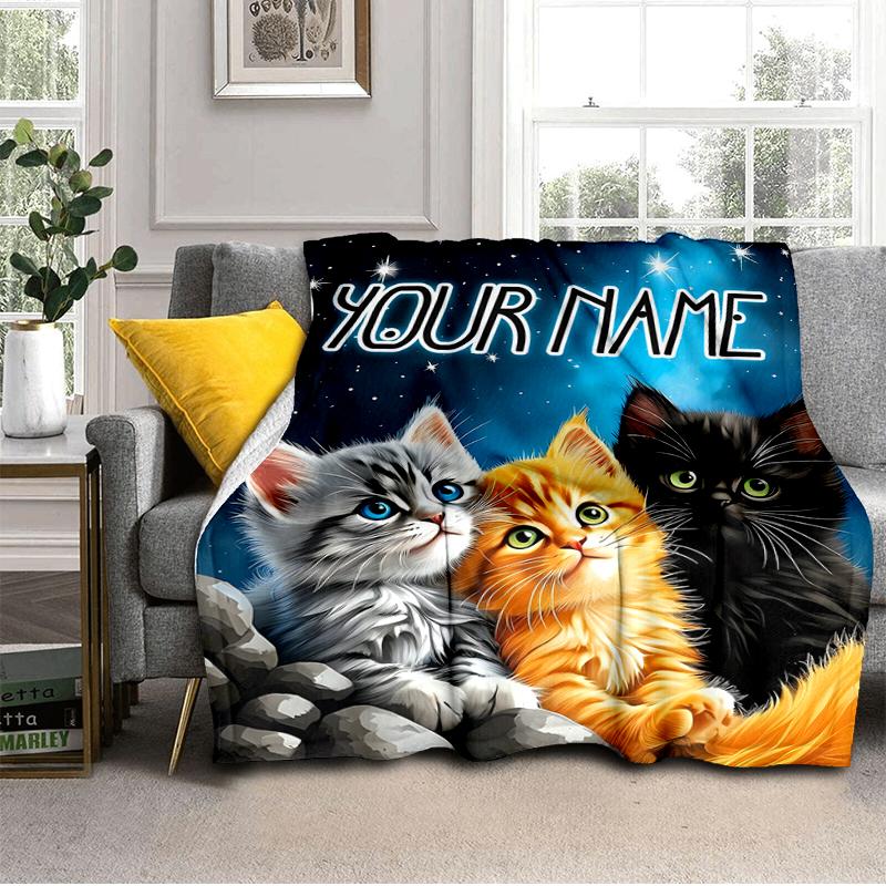1PC Custom Name Space Kittens Adventure flannel blanket versatile,all-season throw suitable for the living room,bedroom,camping,travel,and gift