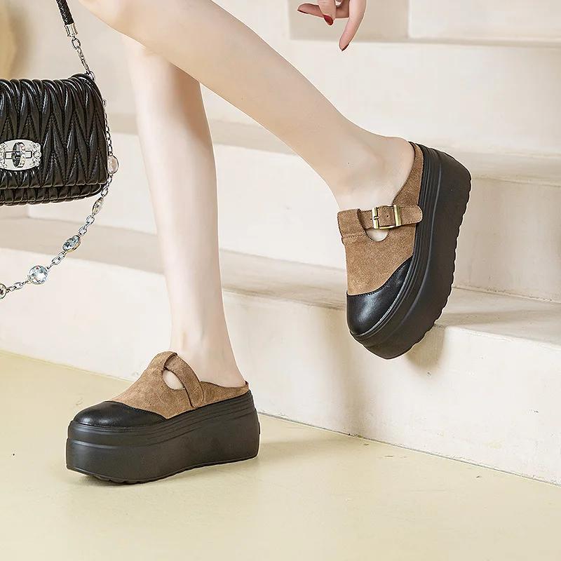 8cm Cow Suede Genuine Leather Summer Women Zandalias De Mujer Females Buckle Platform Slippers Wedge Flat Sandals Slides Shoes