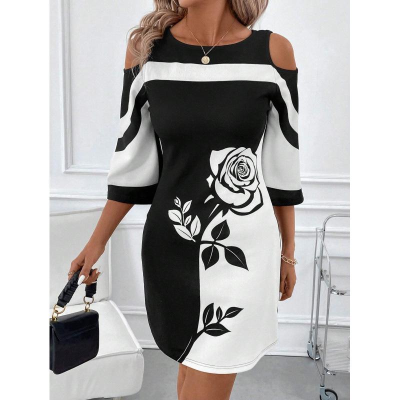 New Elegant Women's Clothing Black and White Contrasting Color Slim-fitting Off-the-shoulder Dress
