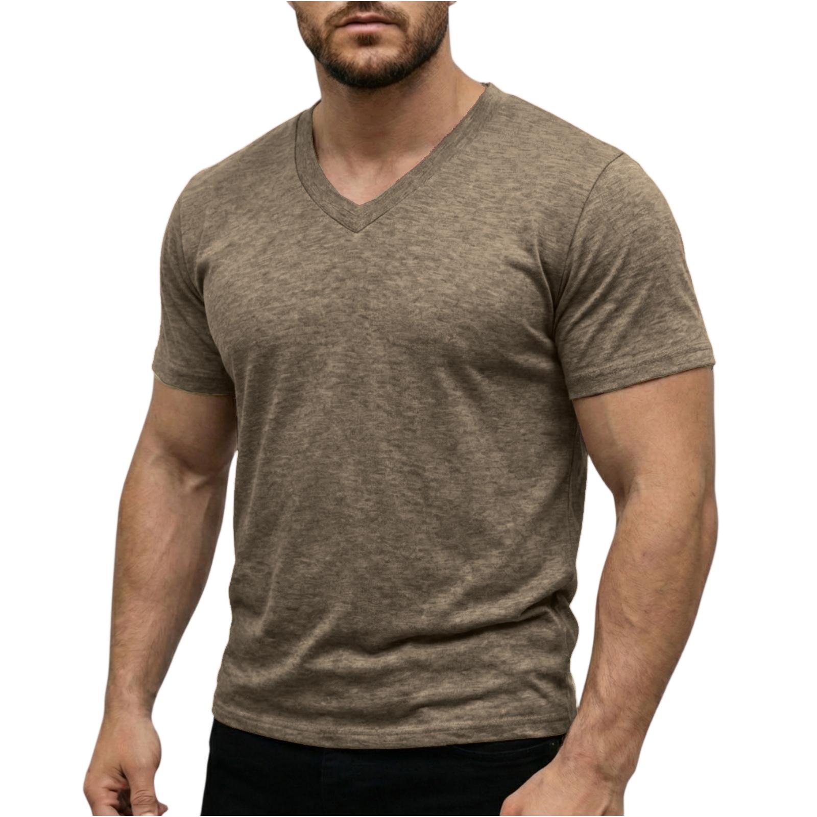 Ionia Lichtgewicht V-hals T-shirt met korte mouwen voor heren, zacht, ademend, rekbaar, casual sportief topje voor dagelijks gebruik L kaki