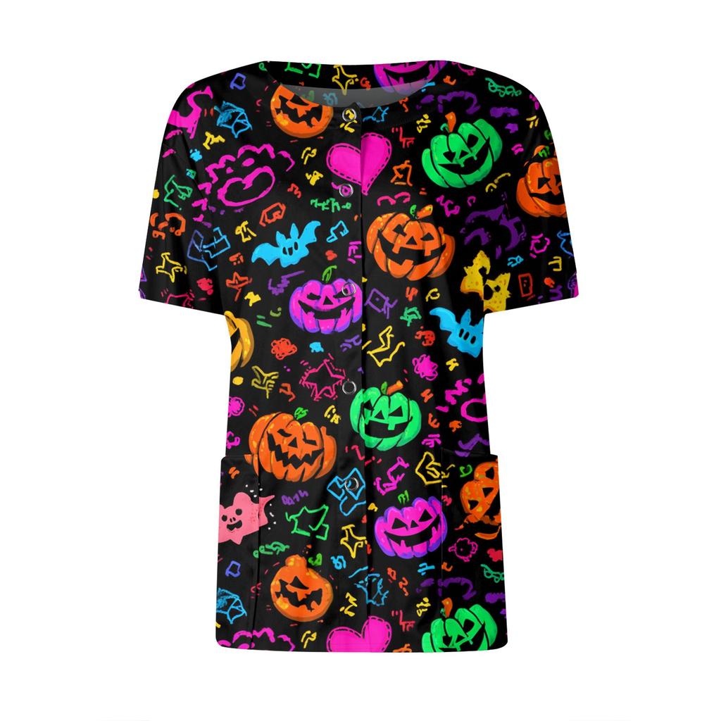 Women's Short Sleeved Patterned Pockets, Work Print Stand Up Collar, Single Breasted Protective Clothing, Cardigan Jacket, Top