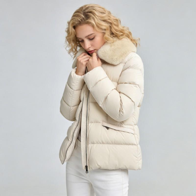 Womens Short Down Jacket With Rabbit Fur Collar Slim Fit Winter Warm Puffer Coat Casual Office Style