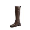 Versatile Leather Large Size Knight Boots Solid Color Back Zipper Middle Heel Round Head Square and Autumn and Winter Square and Women's High Boots