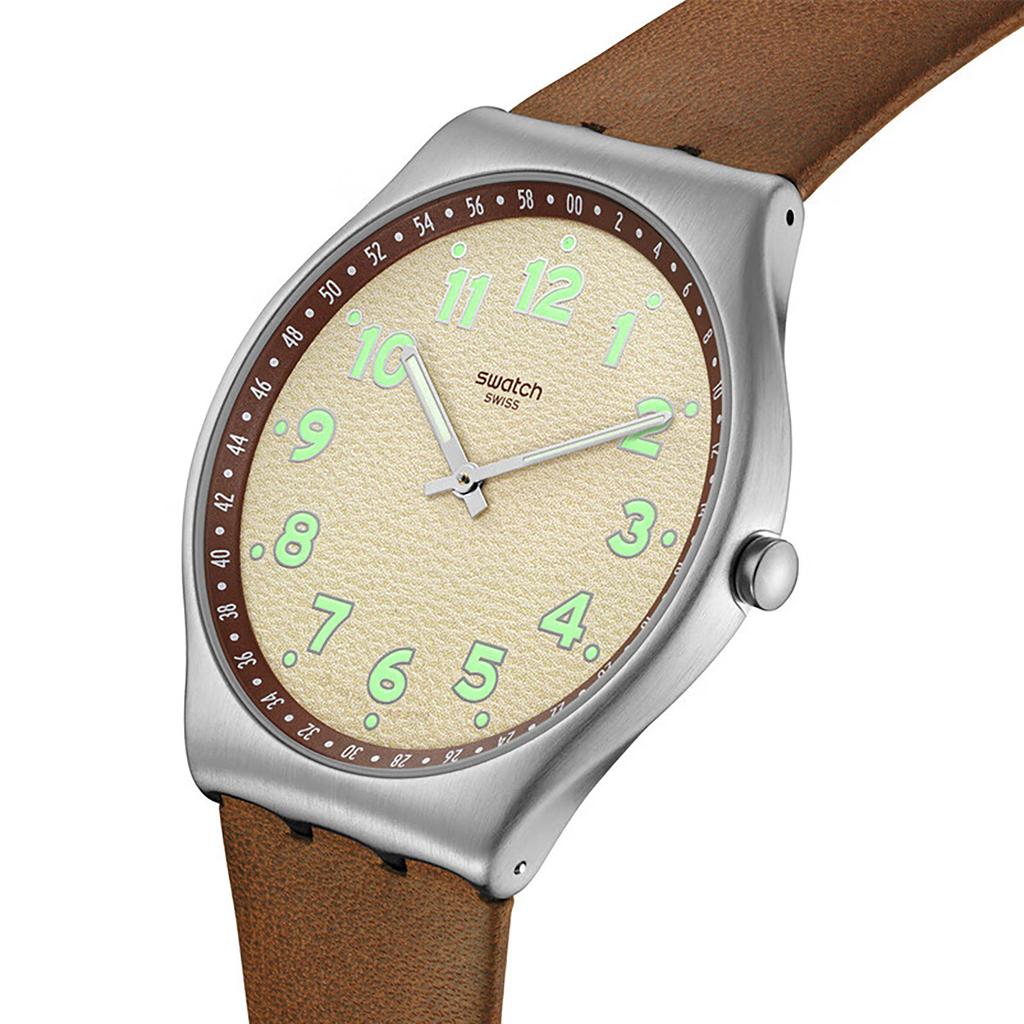 SWATCH SKIN IRONY series quartz movement simple brown tone fashionable luminous watch 43mm beige dial stainless steel case leather strap SS07S135