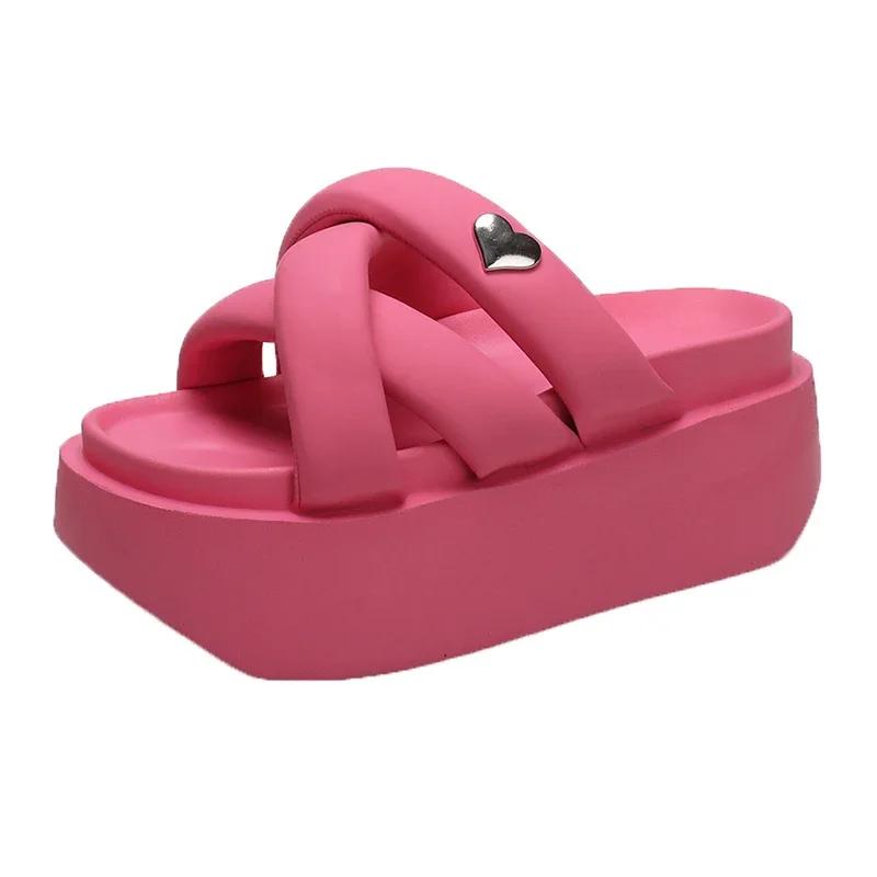 Summer 2023 Chunky Sandals Women's Thick Bottom Wedge Heels Slides 8CM High Heels Platform Leather Casual Beach Flip Flops Woman