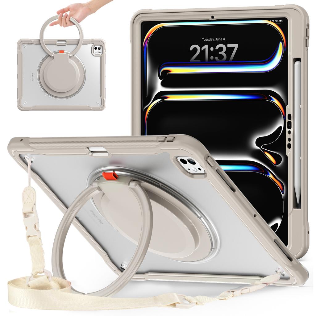 Para iPad Pro 13 (2024) Capa Rotativa com Suporte Kickstand PC+TPU+Silicone com Alça de Ombro