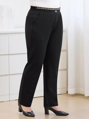 Plus Size Women's Black Elastic Waist Straight Leg Pants - Slimming, Versatile, Casual, Loose Fit for Autumn