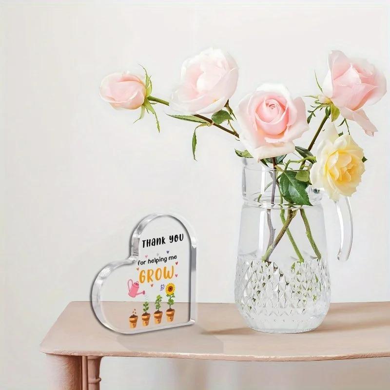2D Flat "Thank You for Helping Me Grow" Heart-Shaped Acrylic Teacher Appreciation Gift Desktop Decoration Plaque, Home Decor Plaque Hanging Wall Art D