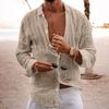 Men Lapel Long Sleeve Shirt Tops Pleated Thin Solid Color Single Breasted V-neck