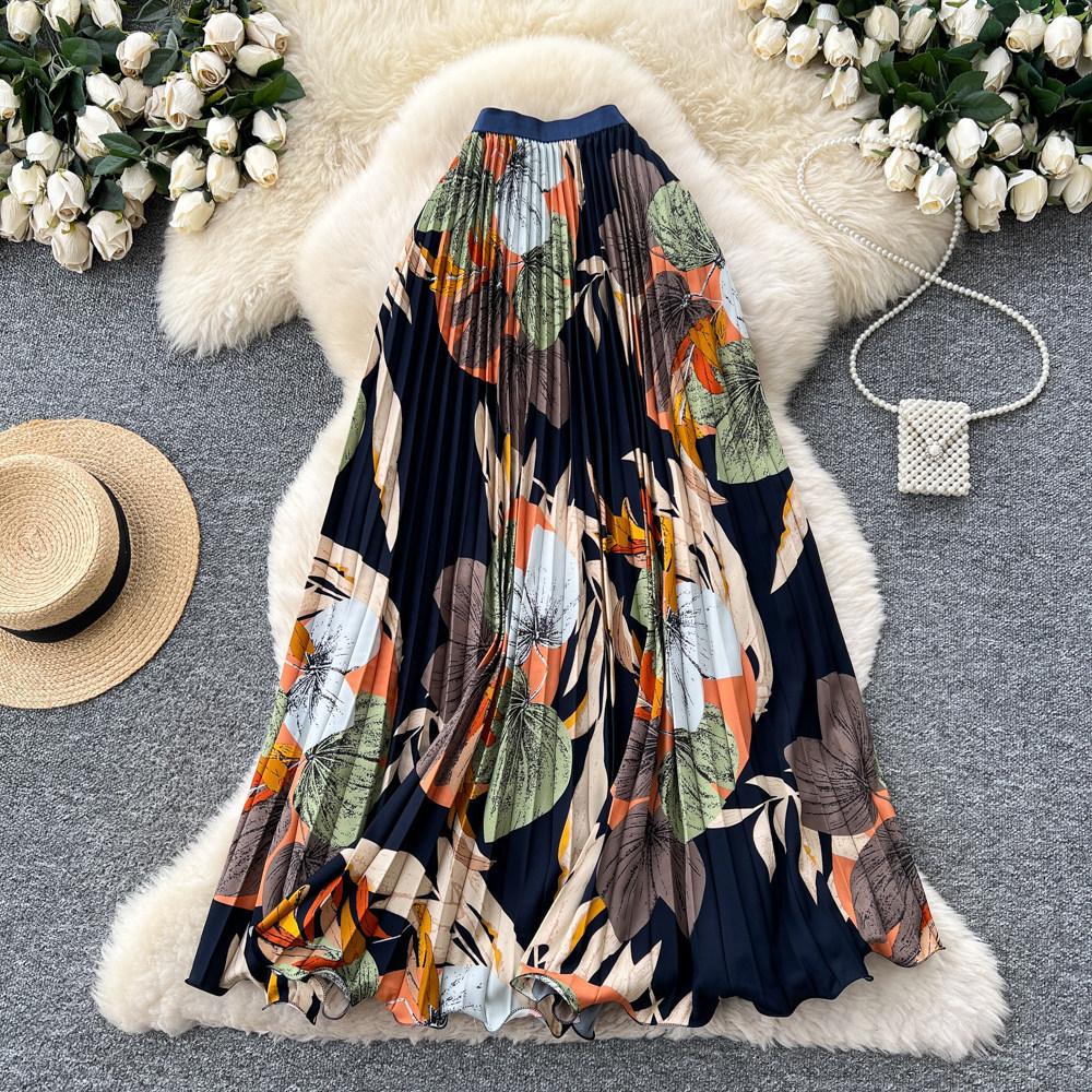 Qooth Floral Pleated Elastic A-Line Maxi Skirt High Waist Full Flare Long Skirt for Holiday QT2891