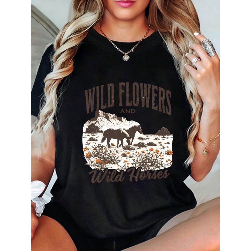 Two Horse Print Plus Size Women's Round Neck Summer Casual Short Sleeved Street Fashion Versatile T-shirt