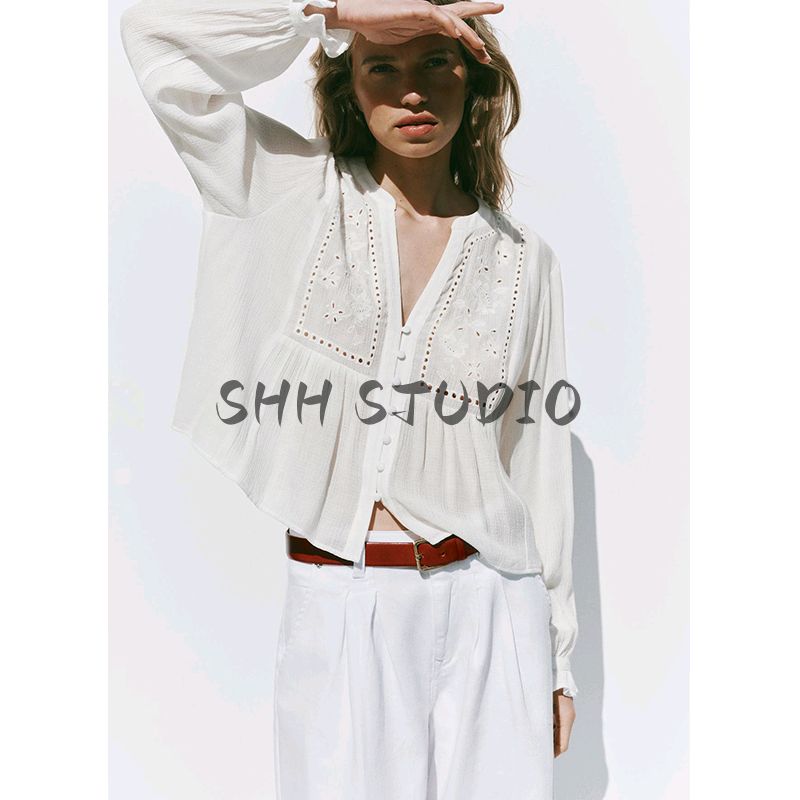 Spring New Women's Clothing Preppy Style Laminated Decoration Round Neck Long Sleeves Cut Out Embroider Short Shirt 8741022