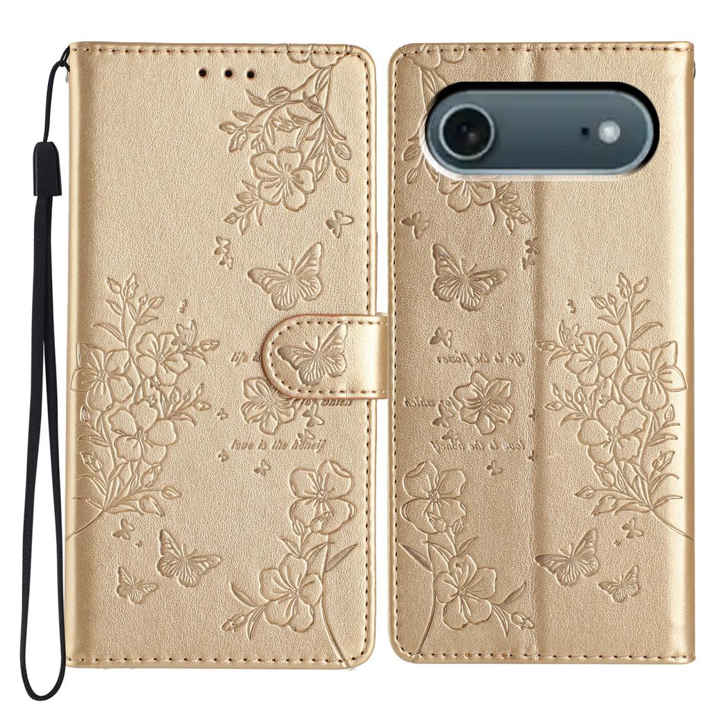 For iPhone 17 Air Wallet Phone Case Butterfly Floral Imprint Leather Flip Cover with Strap