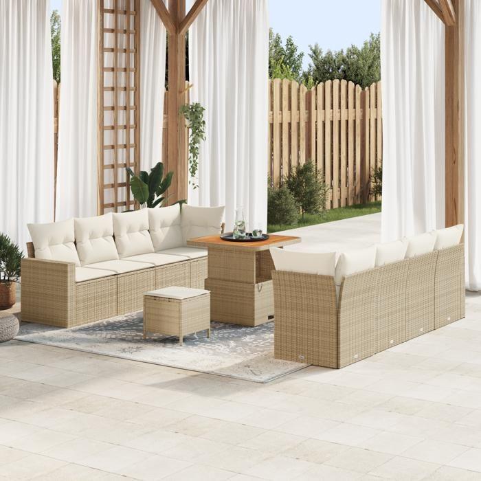 Canapé de jardin de 11 pièces avec coussins Beige Poly Rattan Acacia, Ensemble de salle à manger jardin de 3 pièces 3363536