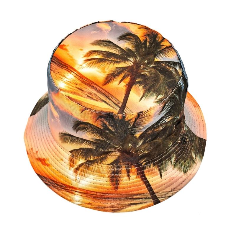 Soft Breathable Bucket Hat Sun Protective Caps with Tropical Scenery Print for Outdoor Activity and Travel Beach Vacation
