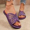 Fashion Plus Size Cutout Breathable Flat Slippers Women's Vintage Round Toe Open Toe Rhinestone Butterfly Soft Sole Beach Cool Mopping