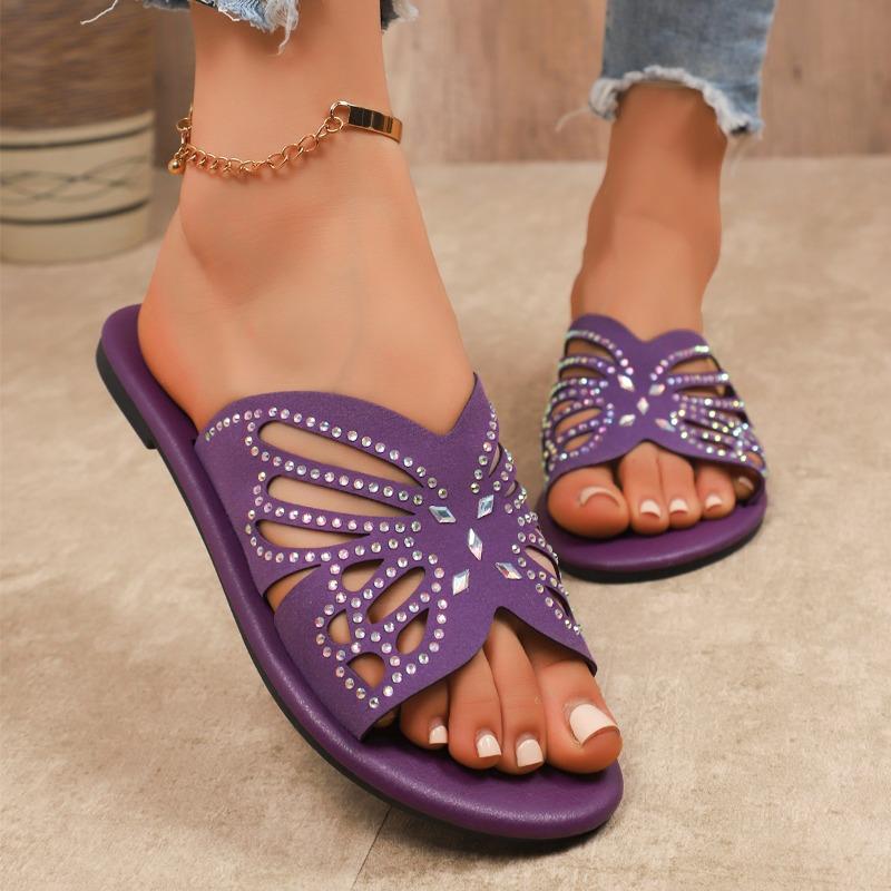 Fashion Plus Size Cutout Breathable Flat Slippers Women's Vintage Round Toe Open Toe Rhinestone Butterfly Soft Sole Beach Cool Mopping