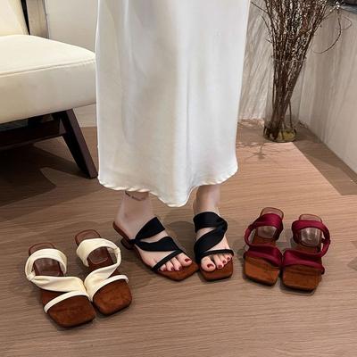 Color Matching Slope Heel Retro Spice Girl Style Slippers~ Square Head Suede One-word Slippers Female Summer and Korean Version Open-toed High-h