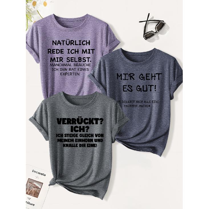 3 Pack of Women's Summer Tops | German Tongue-teasing Funny Slogan Print T Shirt | Cute and Trendy Casual Round-neck Short-sleeve Suit | 2026 Summer