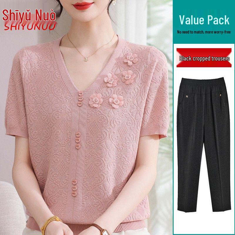 Summer 2026 Ice Silk Blouse: Fashionable Short-Sleeve for Middle-Aged and Elderly Women