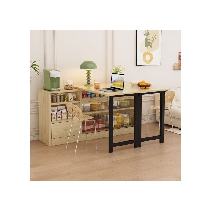 Table De Salle À Manger Pliante - MUVOE - Extensible - Rangement Intégré - Design Pivotant 360° - Naturel+Noir