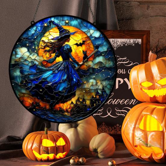 Yousheng 10/15/25CM Halloween Witch Suncatcher Hanging Decoration Black Cat Bat Moon Witch Stained Glass Acrylic Wall Window Hanging Sign Ornament