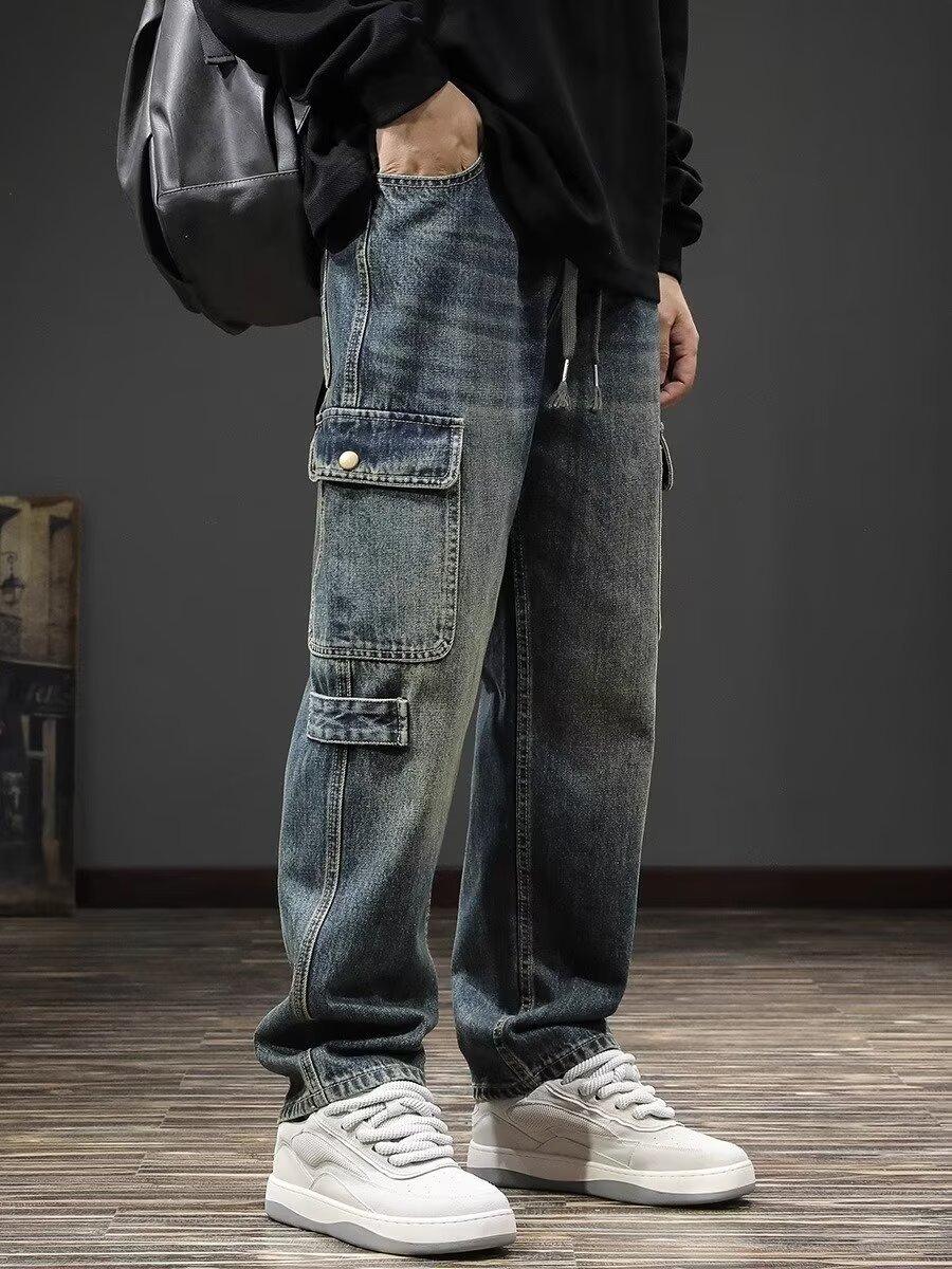 Джинсы JYL для пар Винтажная стирка Прочные Летние Уличная мода Свободные Повседневные Джинсовые штаны L