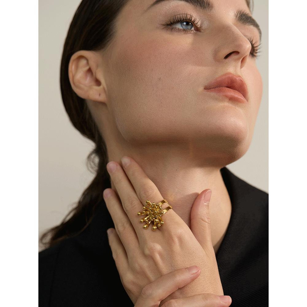 Yhpup Trendy Stainless Steel Flower Open Ring Rust Proof Metal Gold Color Personalized Alluring Jewelry Gift