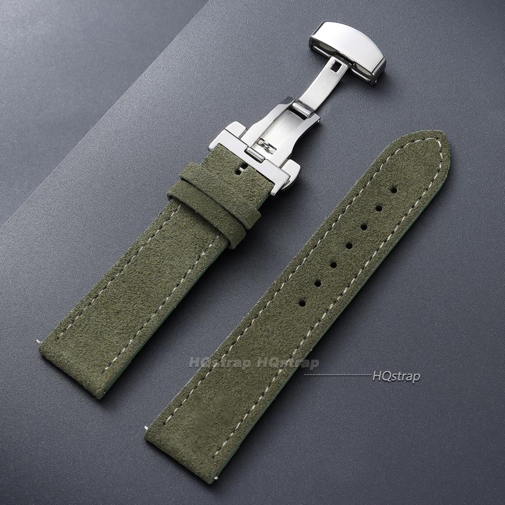 

18mm 19mm 20mm 22mm Vintage Suede Cowhide Watch Strap Butterfly Buckle Handmade Stitching Soft Watch Band Quick Release Bracelet 18mm