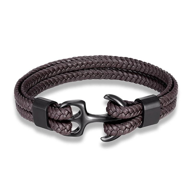 Navy Style Men Anchor Bracelet Woven Multilayer Leather Bracelets for Women Black Stainless Steel Sport Buckle