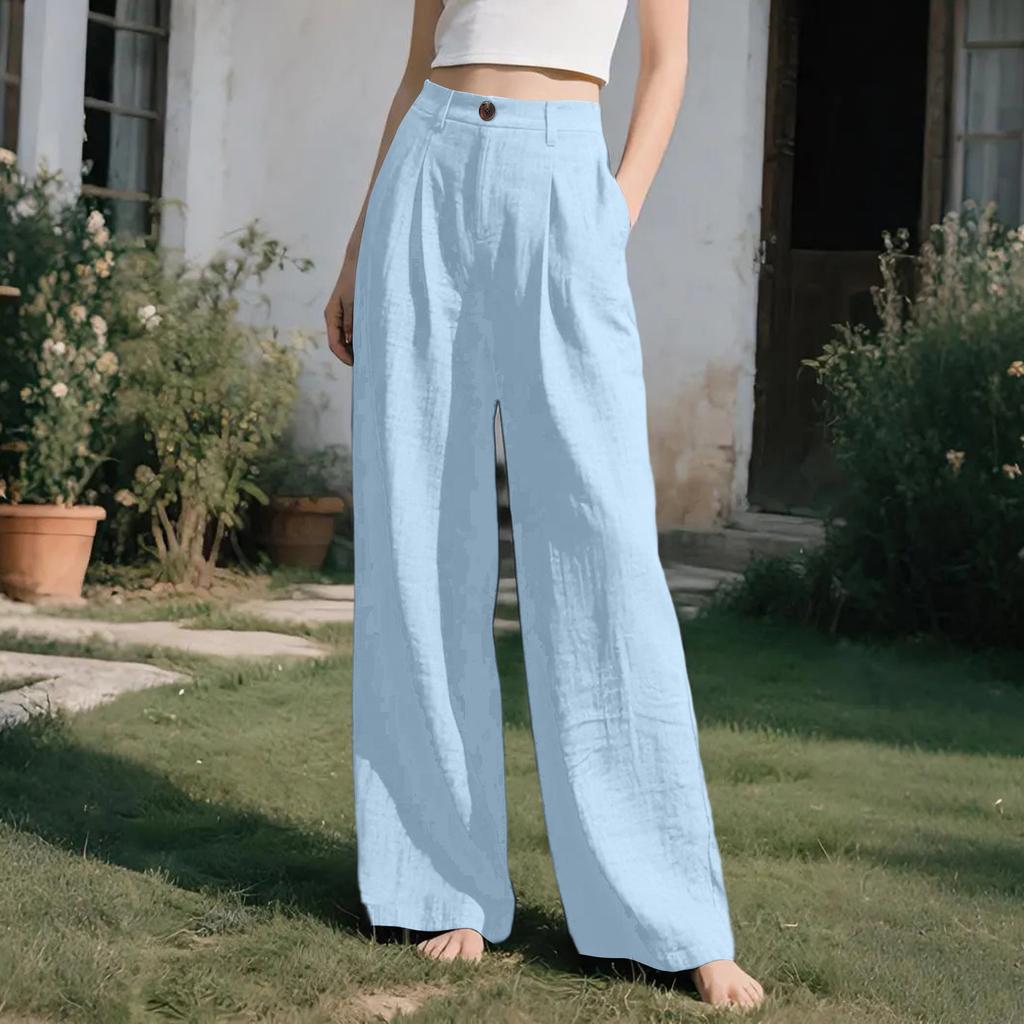 Women’s Beach-Style Cotton-Linen Casual Trousers: Wide-Leg, Loose-Fit Long Trousers