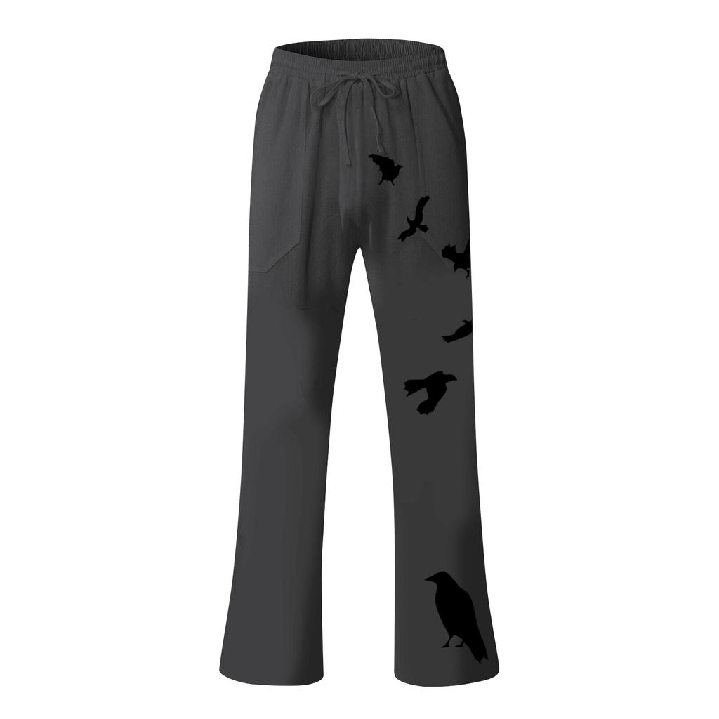 Men's Loose Casual Color Cotton Linen Trousers Elastic Tie Printed Straight Pants
