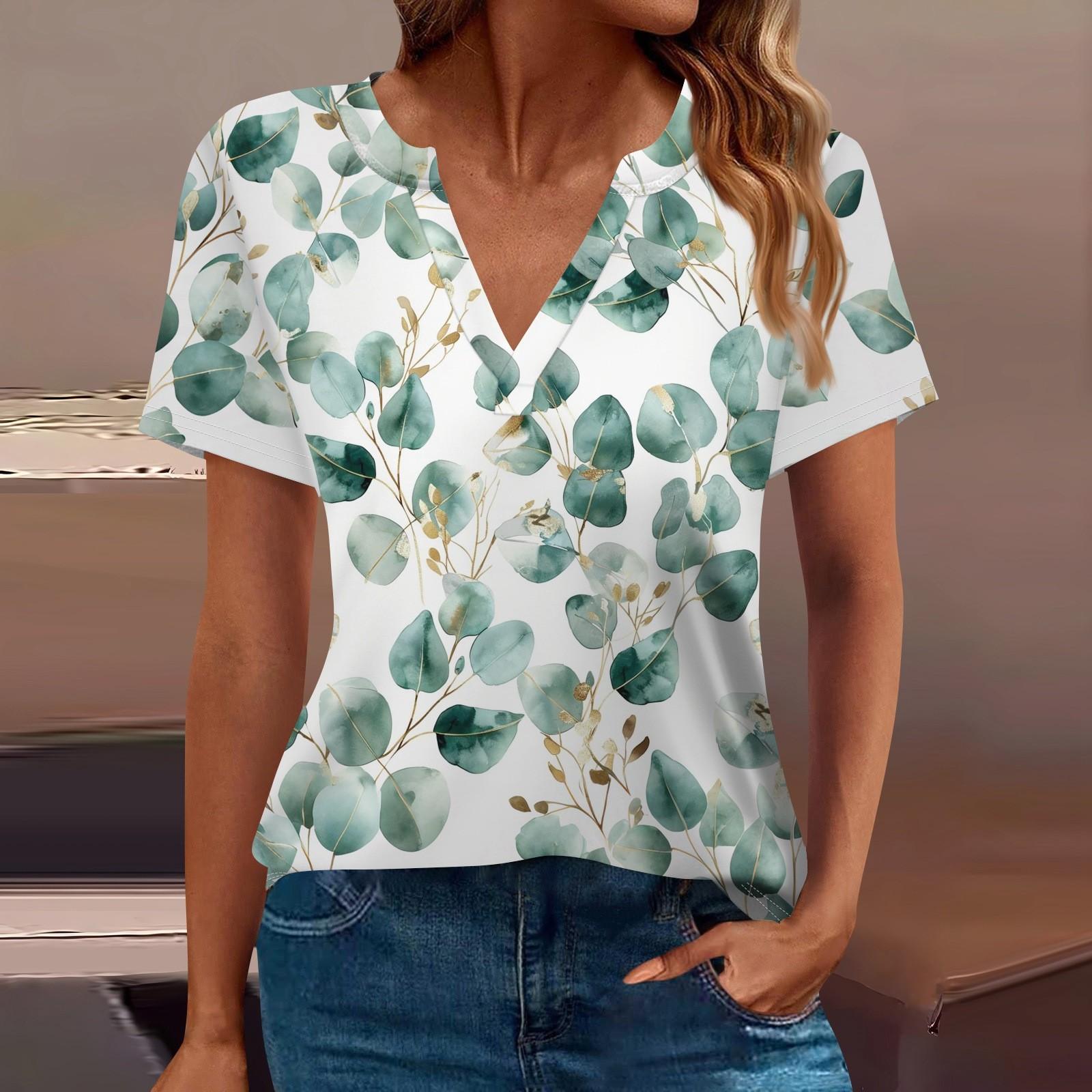 

Женская футболка Футболка с принтом с коротким рукавом Повседневные выходные Мода Базовый топ с V-образным вырезом Обычный топ XL зелёный