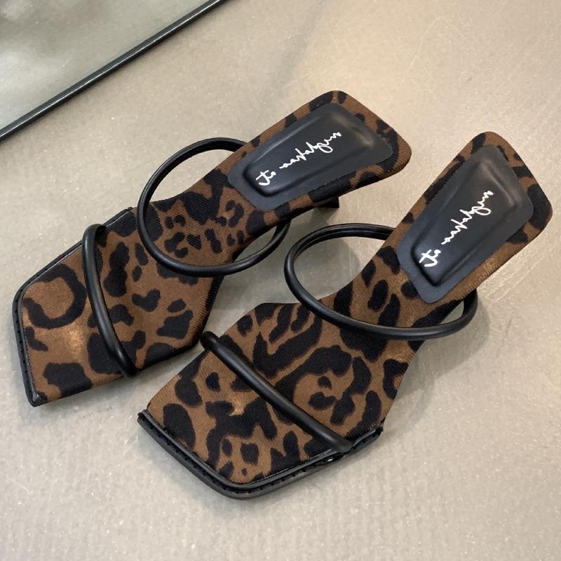 Fashion Fashion Leopard Narrow band Women Sandals Square toe thin Heel Slide Sandals Summer Sexy Open Toe non-slip heeled shoes woman