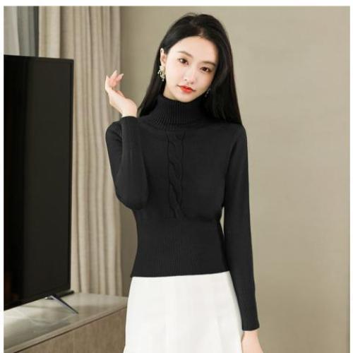 Women's Turtleneck Sweater Autumn Winter Short Solid Color Elastic Knitted Top Slim Fit Pullover Knitted Sweater.